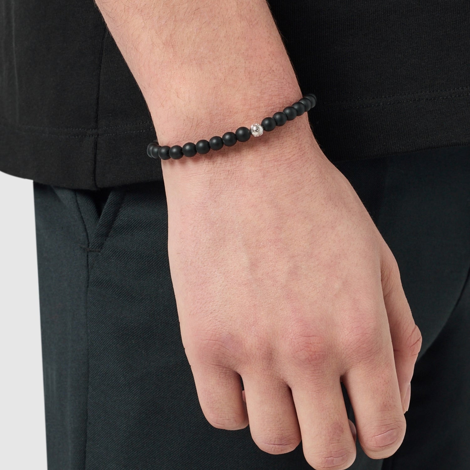 Onyx Bead Lock Bracelet (Silver)