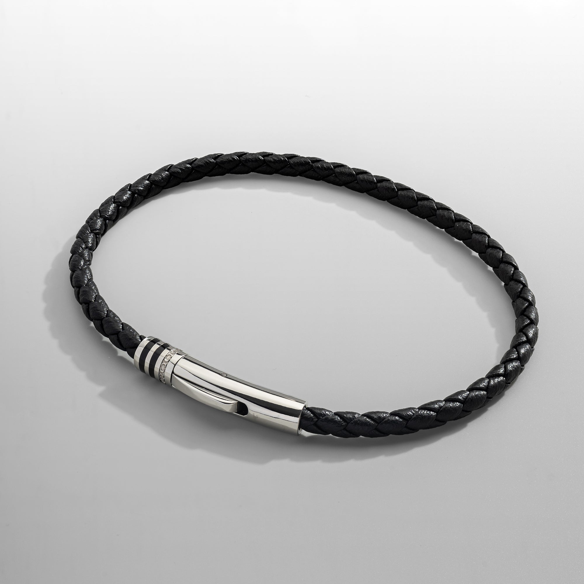 Black Leather Bracelet (Silver)