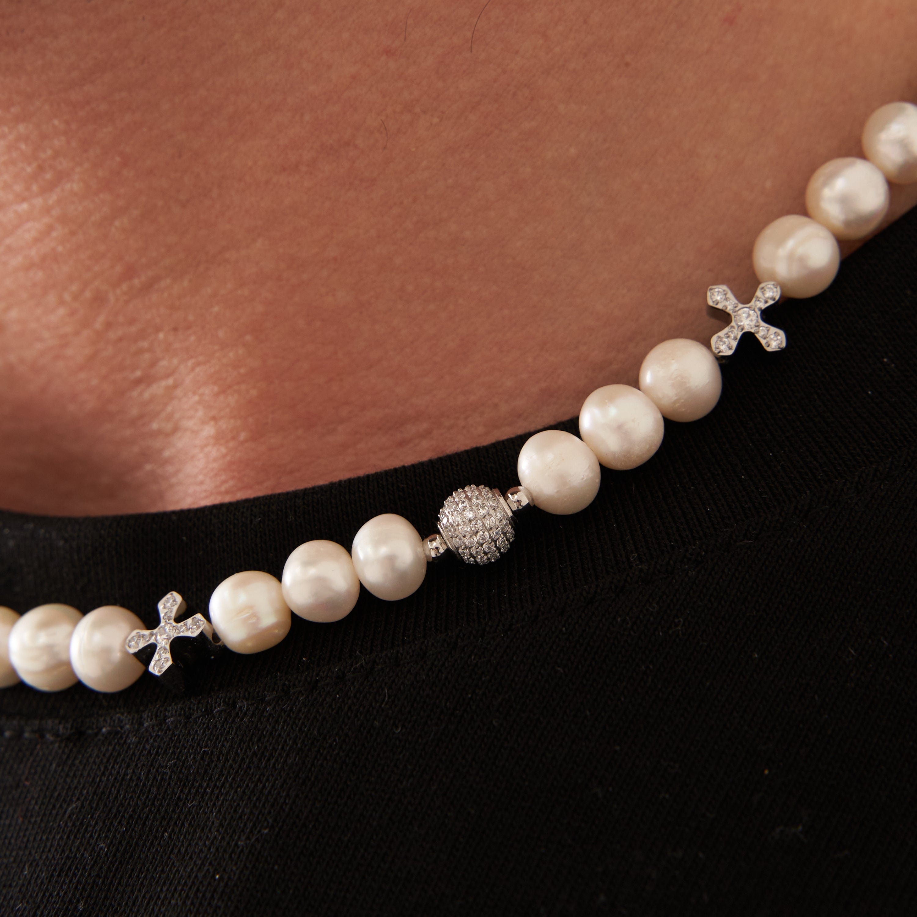 Iced Cross Real Pearl Necklace (Silver)