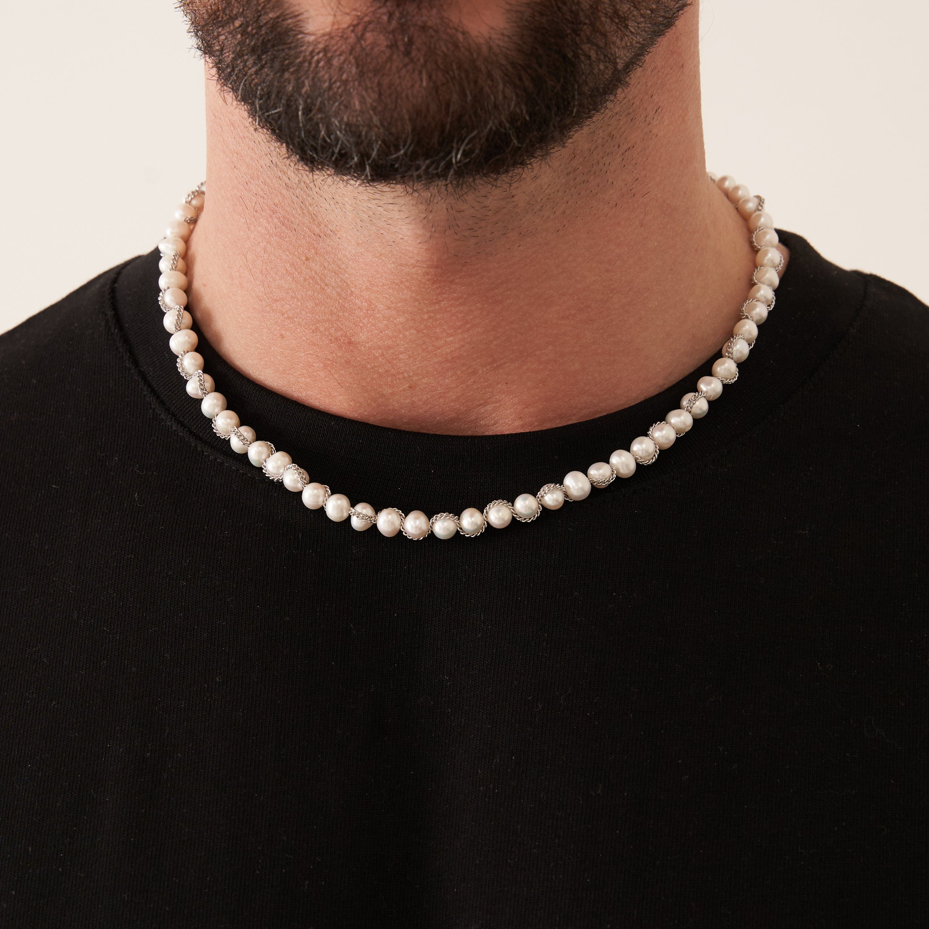 Chain Wrap Real Pearl Necklace (Silver)
