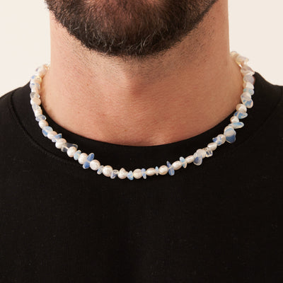 Blue Quartz Real Pearl Necklace (Gold)