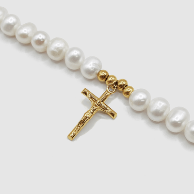 Crucifix Real Pearl Necklace (Gold)