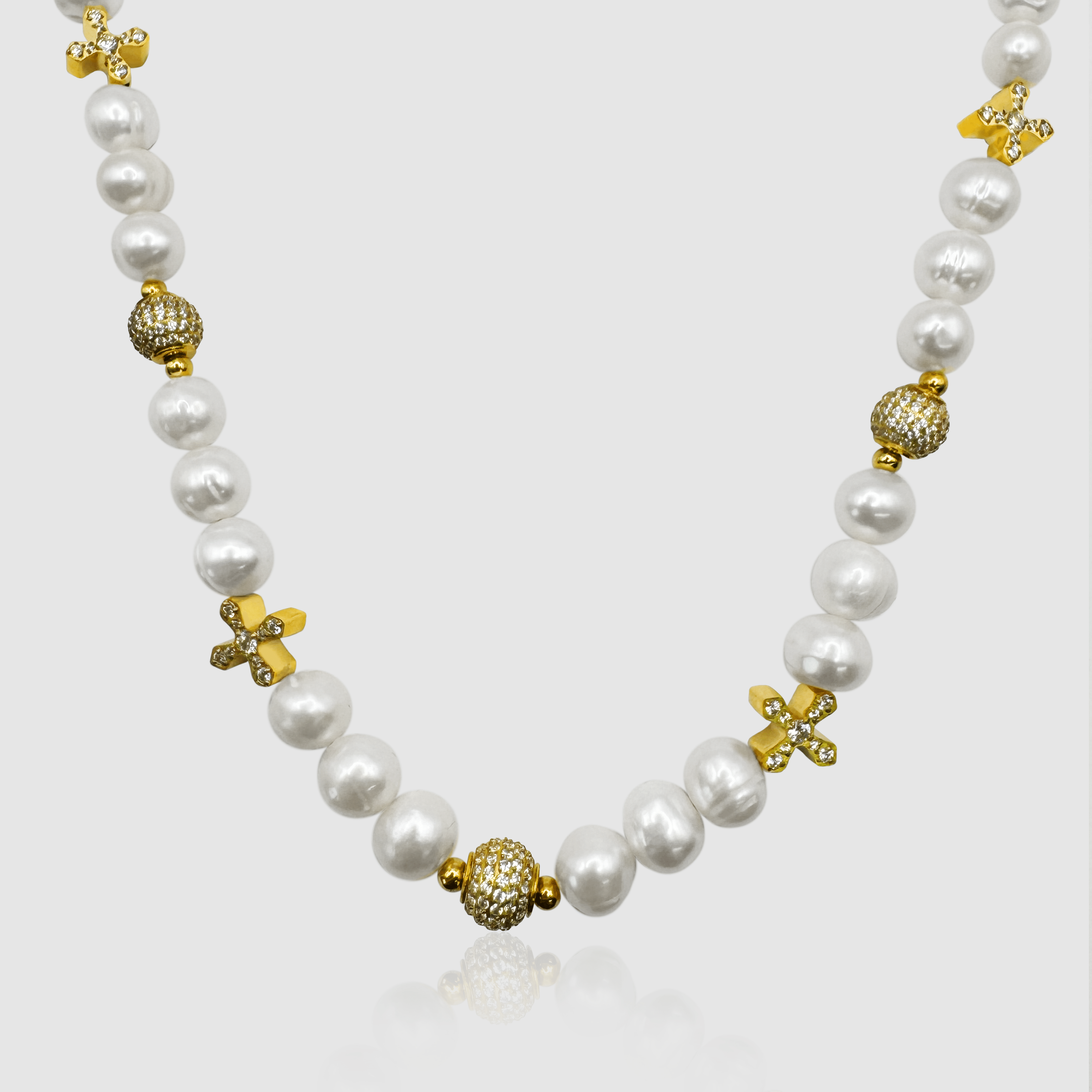 Men's Gold Iced Cross & Ball Real Pearl Crown Necklace | CRAFTD London