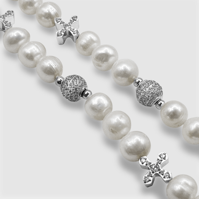 Iced Cross Real Pearl Necklace (Silver)