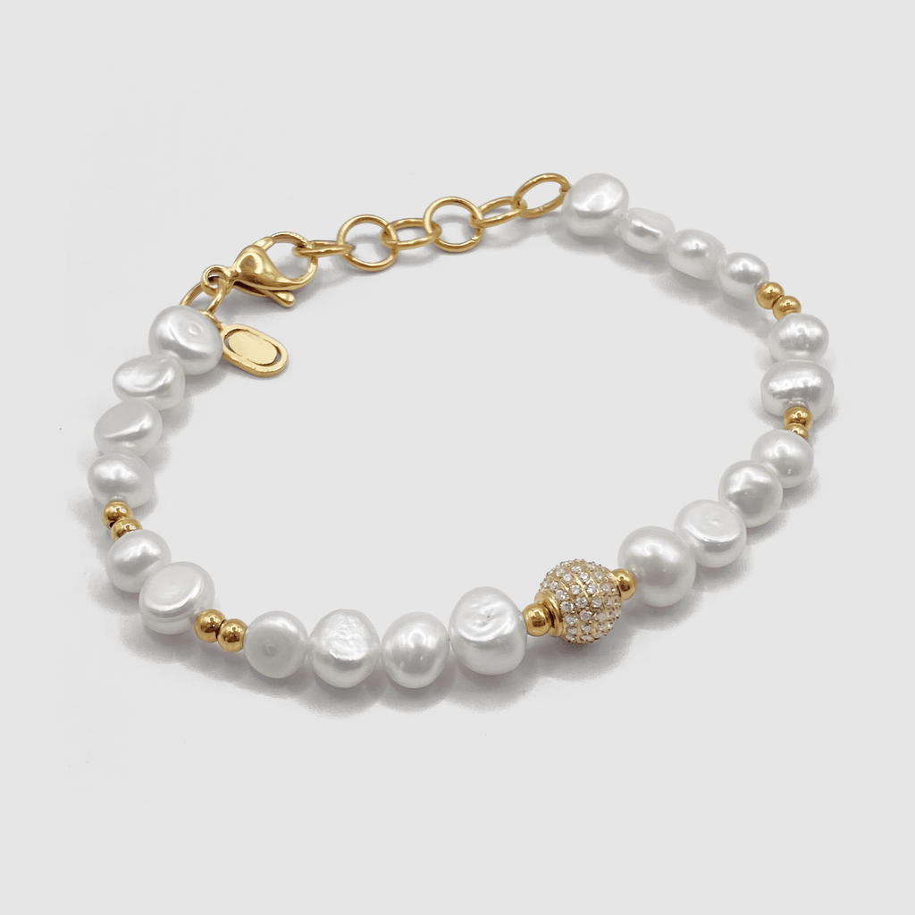 送税込【CRAFTD London】Iced Beaded Real Pearl Bracelet (2色) Men's Diamond Bead Pearl Bracelet (Gold) | CRAFTD London