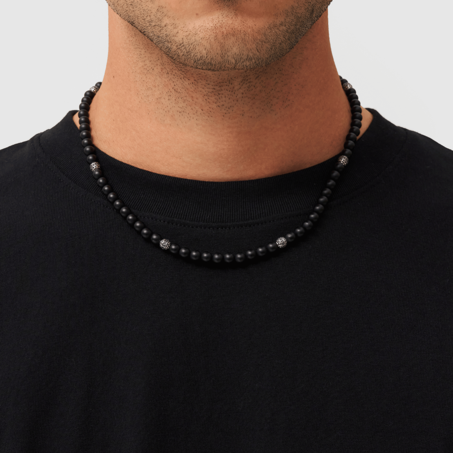 Matte Onyx Beaded Necklace (Silver)