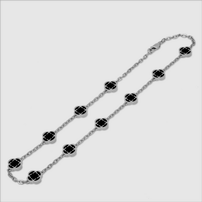 Onyx Clover Stone Necklace (Silver)