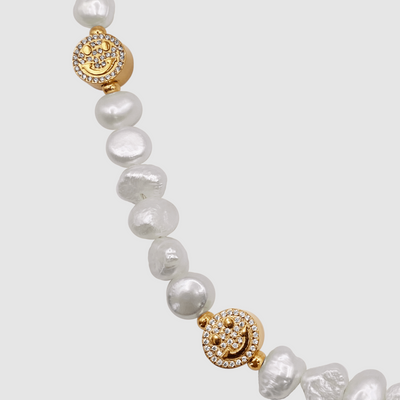 Iced Smiley Real Pearl Necklace (Gold)