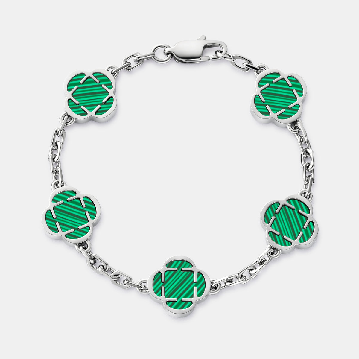 Malachite Clover Stone Bracelet (Silver)