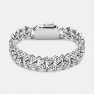 Prong Link Iced Cuban Bracelet (Silver) 12mm