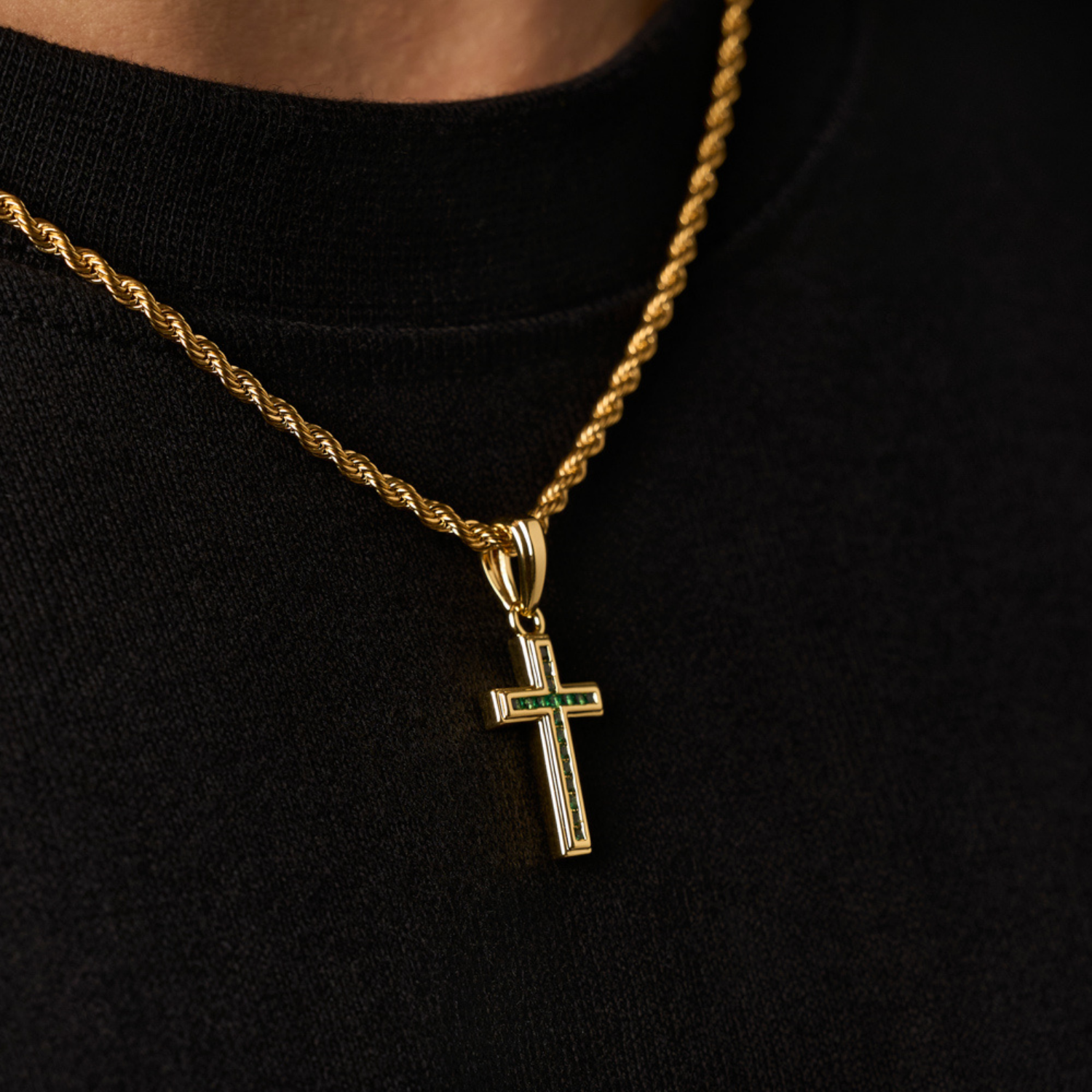 Mini Emerald Stone Cross (Gold)