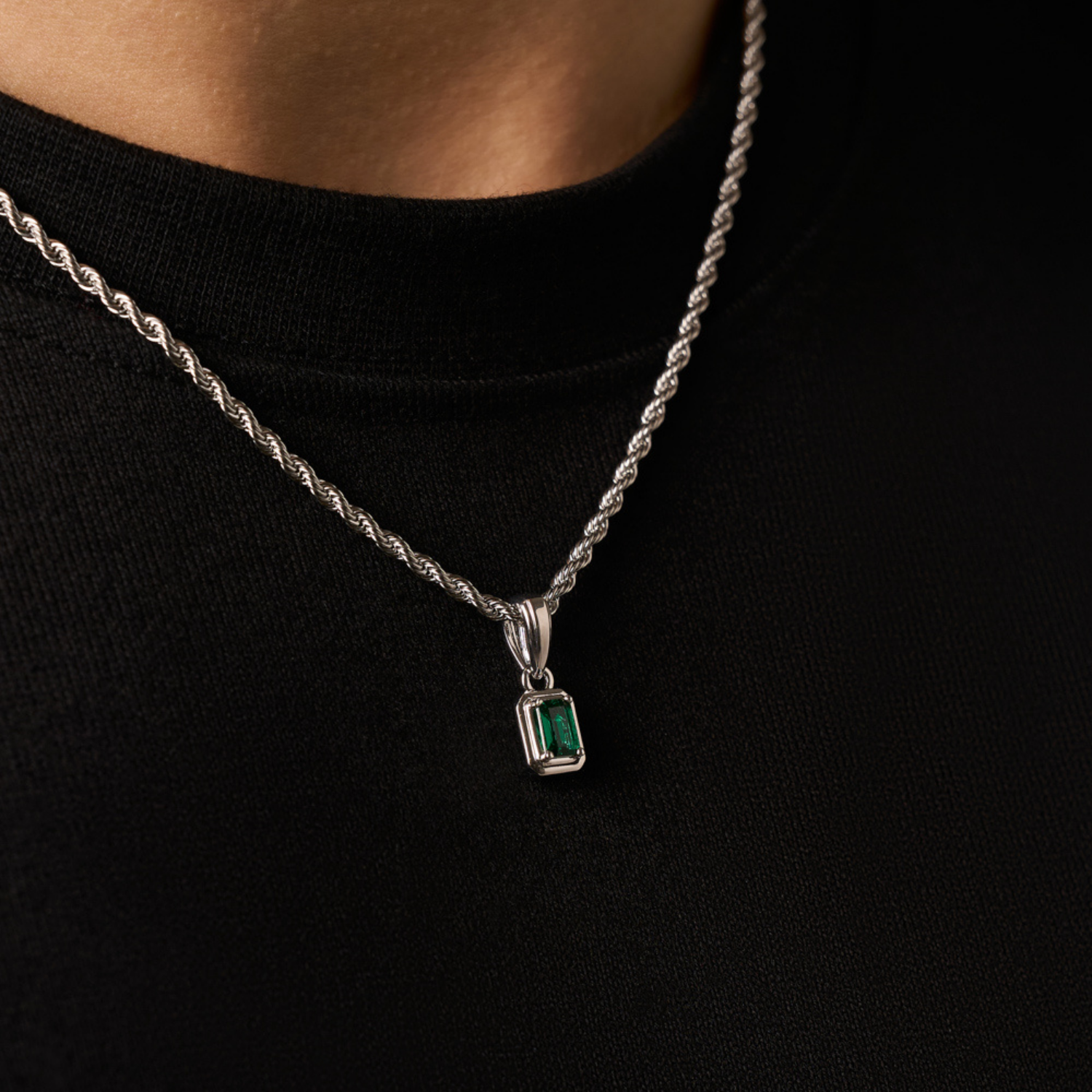 Mini Emerald Stone Rectangle (Silver)