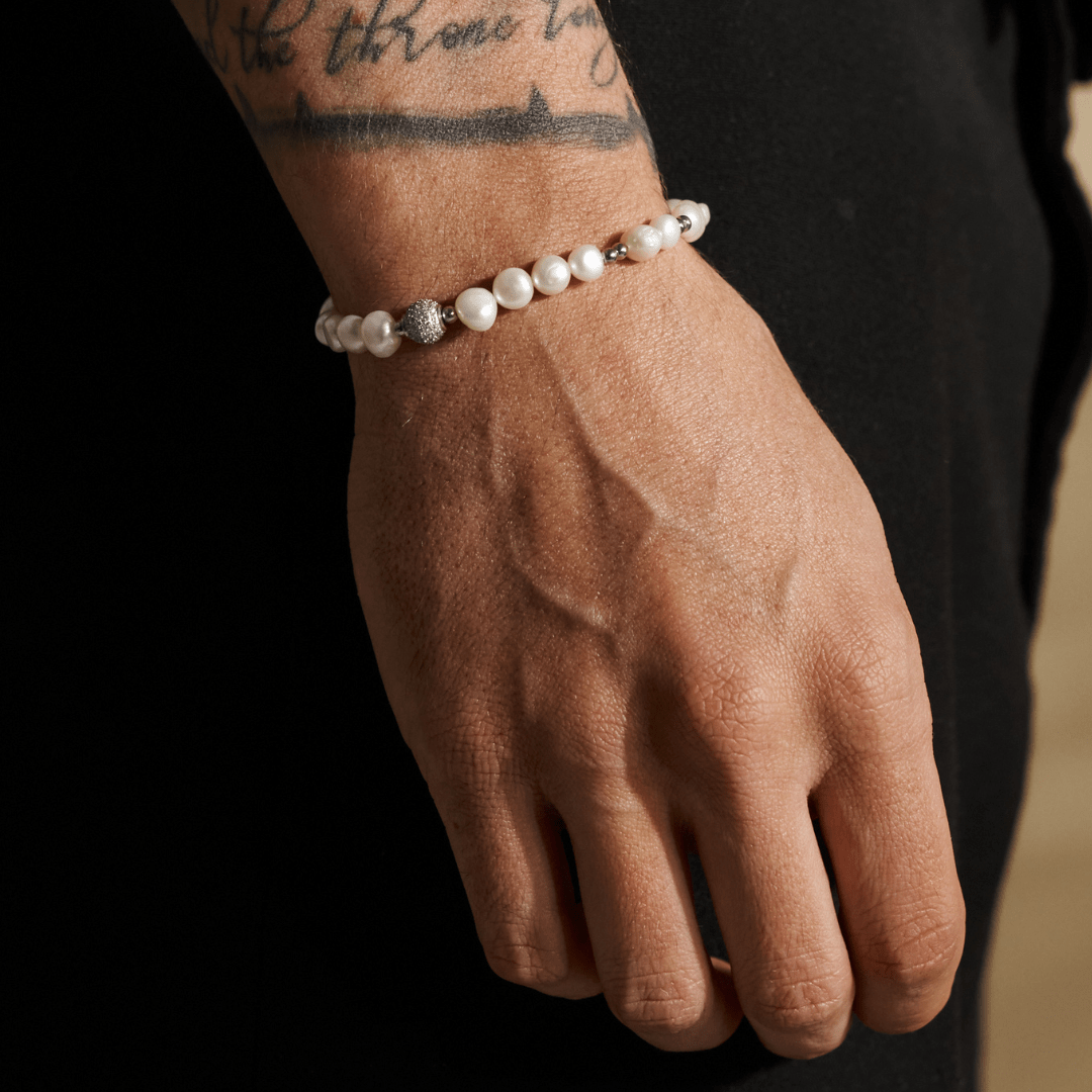 Iced Beaded Real Pearl Bracelet (Silver)